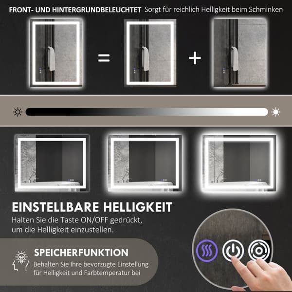 Badeværelsesspejl med belysning, vægspejl med 3 lysfarver, IP44 lysspejl med touchkontakt, memory funktion, badeværelsesspejl med anti-dug, 80 x 60 cm