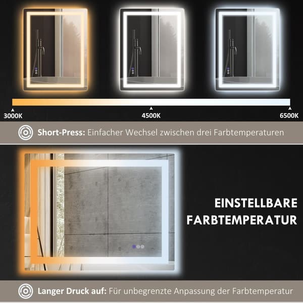 Badeværelsesspejl med belysning, vægspejl med 3 lysfarver, IP44 lysspejl med touchkontakt, memory funktion, badeværelsesspejl med anti-dug, 80 x 60 cm