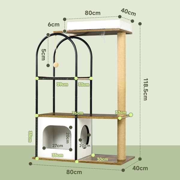 Kradsestolpe 118,5 cm kattetræ med kattehule, seng, kradsemåtte, kattekradsestolpe med legebold, spidsbeskyttelse, til katte op til 5 kg, rustik brun