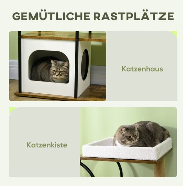 Kradsestolpe 118,5 cm kattetræ med kattehule, seng, kradsemåtte, kattekradsestolpe med legebold, spidsbeskyttelse, til katte op til 5 kg, rustik brun