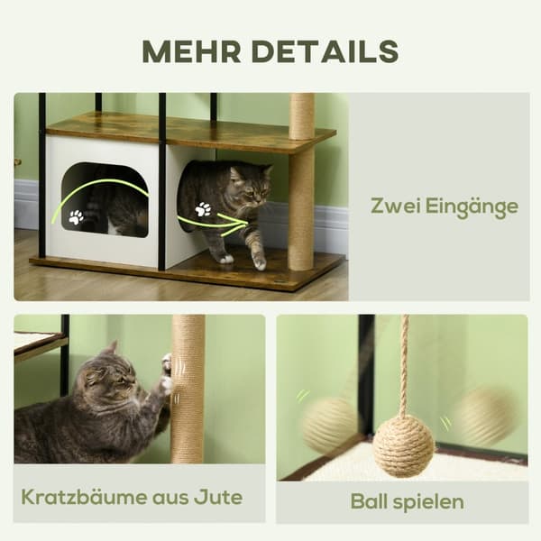 Kradsestolpe 118,5 cm kattetræ med kattehule, seng, kradsemåtte, kattekradsestolpe med legebold, spidsbeskyttelse, til katte op til 5 kg, rustik brun
