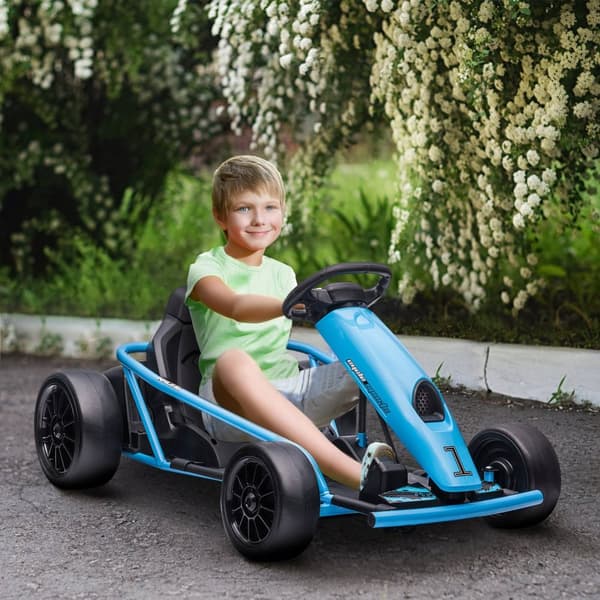 El-gokart för barn 24 V driftkart med långsam start, musik, horn och säkerhetsbälte, barnfordon för 8-12 år barn, blå