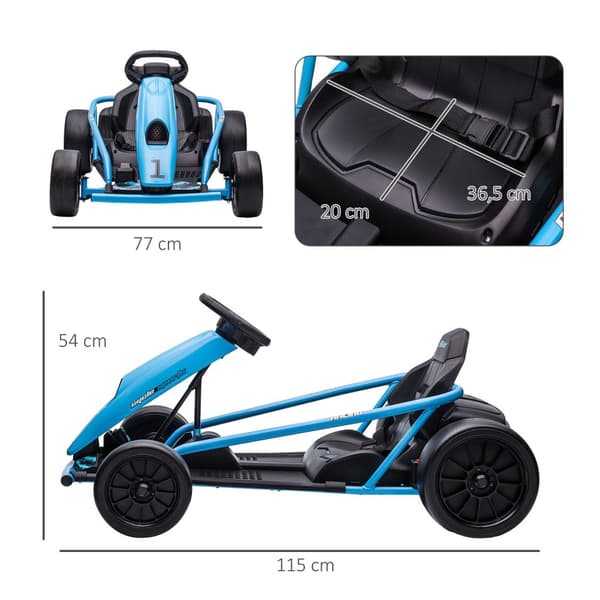 El-gokart för barn 24 V driftkart med långsam start, musik, horn och säkerhetsbälte, barnfordon för 8-12 år barn, blå