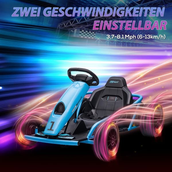 El-gokart för barn 24 V driftkart med långsam start, musik, horn och säkerhetsbälte, barnfordon för 8-12 år barn, blå