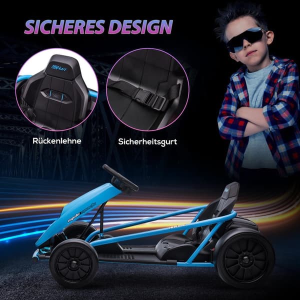 El-gokart för barn 24 V driftkart med långsam start, musik, horn och säkerhetsbälte, barnfordon för 8-12 år barn, blå
