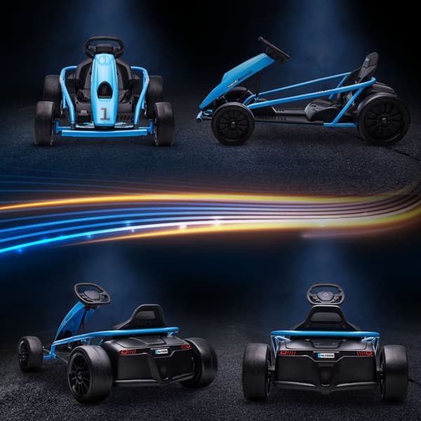 El-gokart för barn 24 V driftkart med långsam start, musik, horn och säkerhetsbälte, barnfordon för 8-12 år barn, blå
