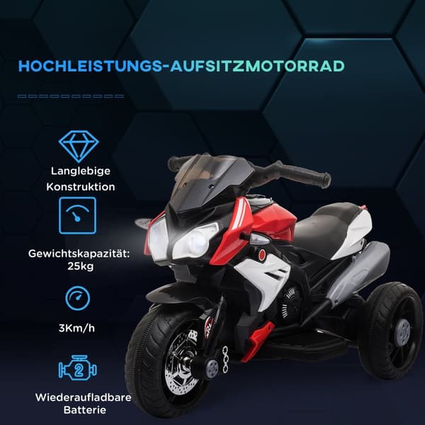 Barnelmotorcykel barnmotorcykel 6V barnfordon elfordon med musik, strålkastare för barn 3-5 år plast metall svart + röd 3km/h