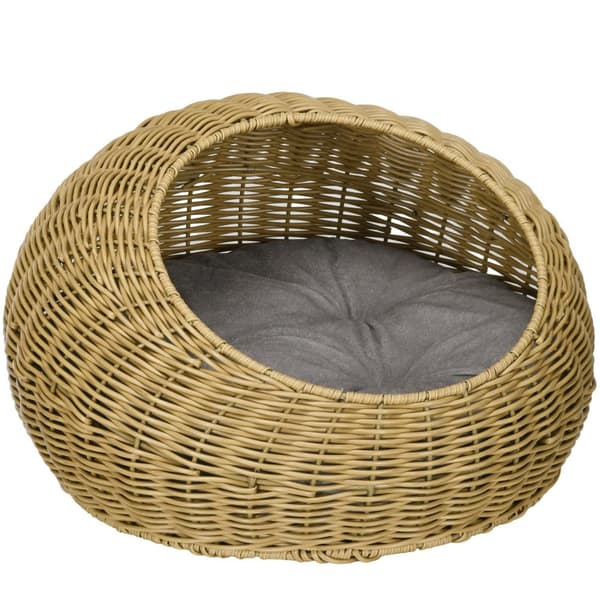 Rattan kattekurv, kattehus, kattehus med pute for katter opp til 4 kg, kjæledyrseng, kattehule, innendørs, PE rotting, Ø50 x 31 cm, lysebrun