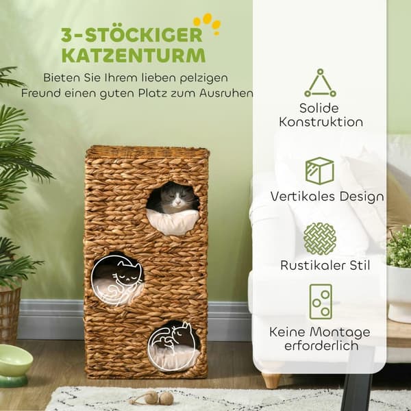 Raapimistynnyri, 76 cm korkea kissan tynnyri 3 luolalla, pestävät tyynyt, raapimistanko, vesihyasintista valmistettu kissatorni, vaaleanruskea