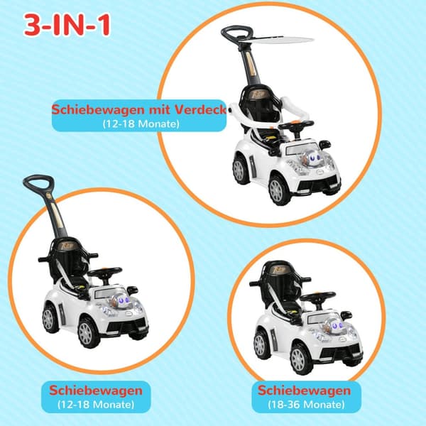 Ride-on-bil, ride-on, barnebil, barnekjøretøy, skyve- og støttestang med ryggstøtte, beskyttelsesstang, ganghjelp for 12-36 måneder
