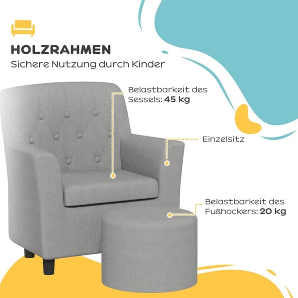 Lasten nojatuoli, lasten sohva jalkineella, lasten sohva 18 kk alkaen, lasten huonekalut, lastenhuone, pellava look, eukalyptuspuu, harmaa, 45 x 43 x