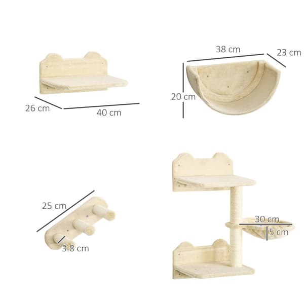 Katteklatrevæg 4 stykker, klatrekattekradsestolpe med kattetrappe, hængekøje, hoppeplatform, vægkradsestolpe, vægkattemøbel, op til 5 kg