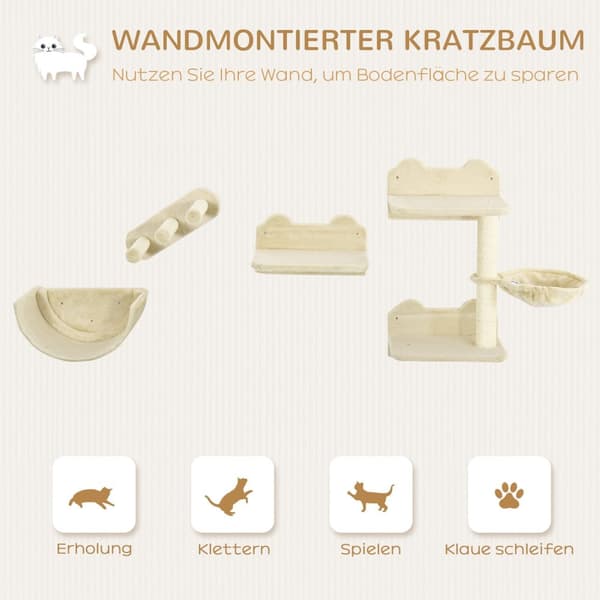 Katteklatrevæg 4 stykker, klatrekattekradsestolpe med kattetrappe, hængekøje, hoppeplatform, vægkradsestolpe, vægkattemøbel, op til 5 kg