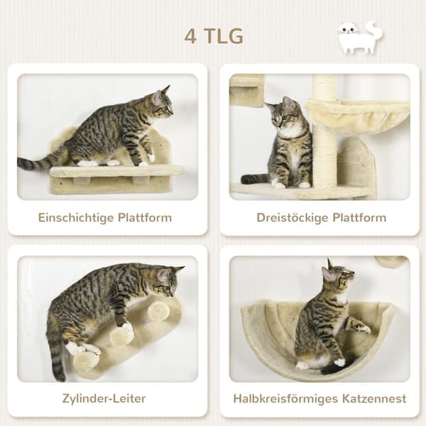 Katteklatrevæg 4 stykker, klatrekattekradsestolpe med kattetrappe, hængekøje, hoppeplatform, vægkradsestolpe, vægkattemøbel, op til 5 kg