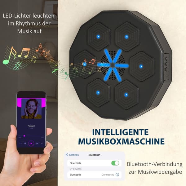 Musikboksemaskine, elektronisk Bluetooth-boksemaskine med musik, LED, vægmonteret smart boksemål for voksne, hjemmetræning