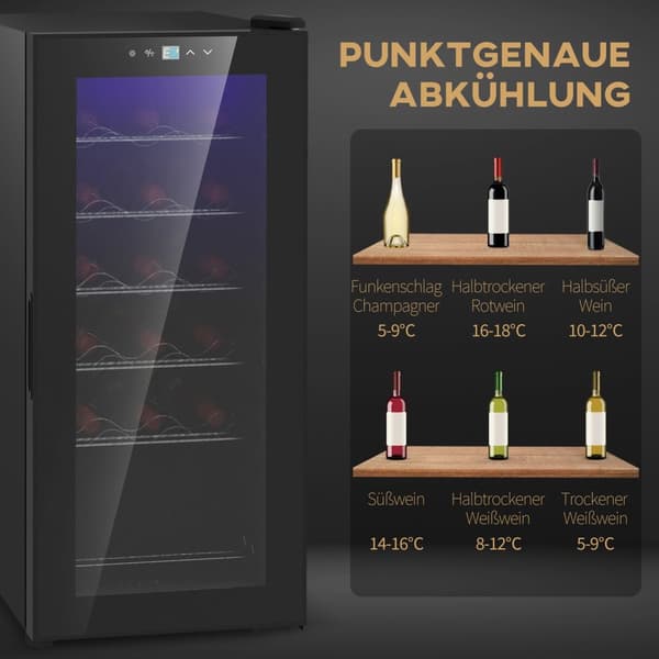 Vinkyl, kompressor för 18 flaskor, 50 L dryckekyl med glasdörr, 5-18°, flaskkyl med pekknapp