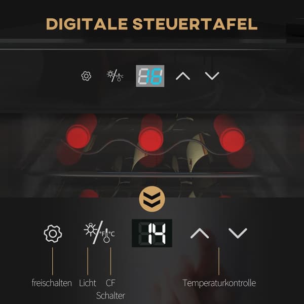 Vinkyl, kompressor för 18 flaskor, 50 L dryckekyl med glasdörr, 5-18°, flaskkyl med pekknapp