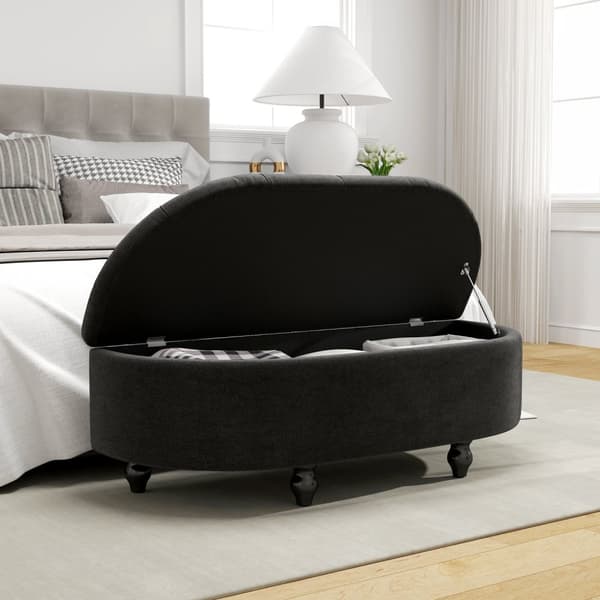 Benk med oppbevaringsplass, setekiste med åpent lokk, fløyelstouch, polstret benk for soverom, gummitre, mørkegrå, 120x46x42cm