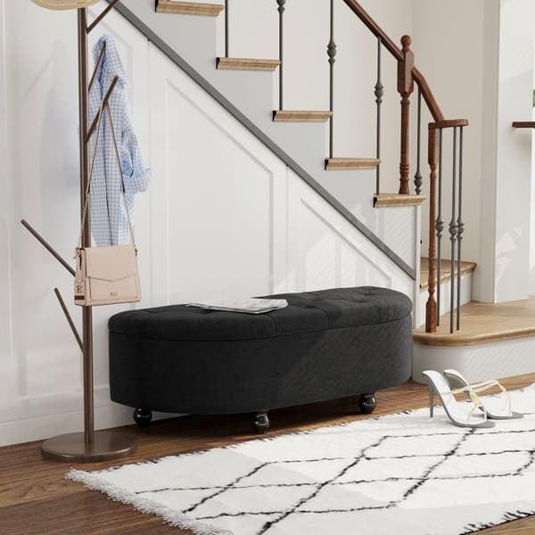 Benk med oppbevaringsplass, setekiste med åpent lokk, fløyelstouch, polstret benk for soverom, gummitre, mørkegrå, 120x46x42cm