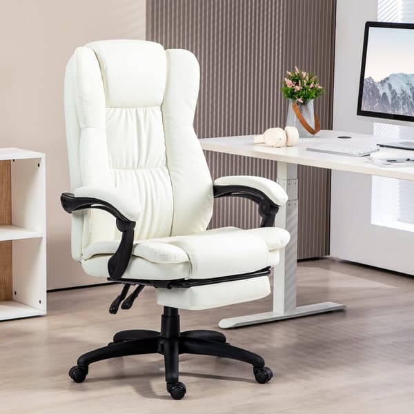 Kontorstol med massasjefunksjon, lederstol med fotstøtte, ergonomisk skrivebordsstol, krem