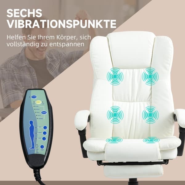Kontorstol med massasjefunksjon, lederstol med fotstøtte, ergonomisk skrivebordsstol, krem
