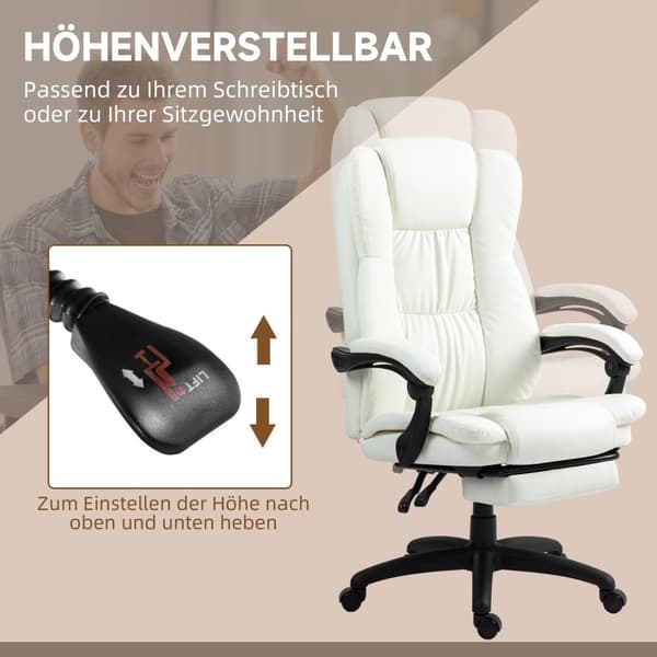 Kontorstol med massasjefunksjon, lederstol med fotstøtte, ergonomisk skrivebordsstol, krem