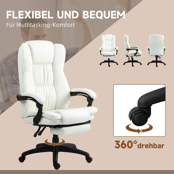 Kontorstol med massasjefunksjon, lederstol med fotstøtte, ergonomisk skrivebordsstol, krem