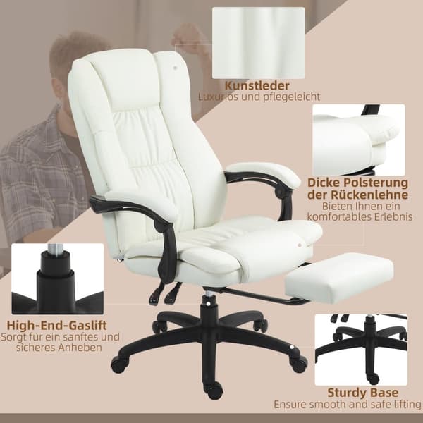 Kontorstol med massasjefunksjon, lederstol med fotstøtte, ergonomisk skrivebordsstol, krem