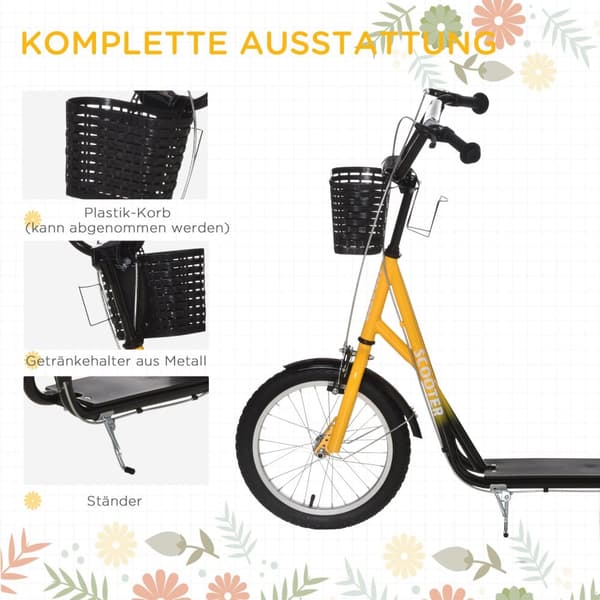 Børnescooter, højdejusterbar sparkescooter med store gummihjul, 2 bremser, børnescooter med kurv, kopholder, til 5-12 år