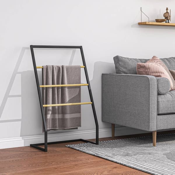 Håndklestativ, frittstående håndklestativ med 3 håndklestativ, badehåndklestativ for bad, stål, svart
