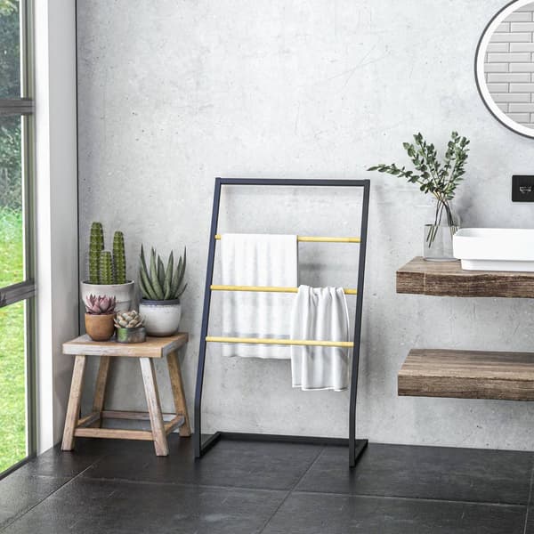 Håndklestativ, frittstående håndklestativ med 3 håndklestativ, badehåndklestativ for bad, stål, svart