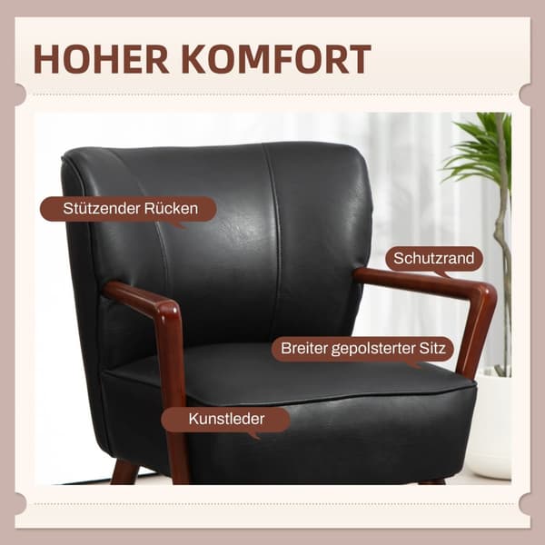 Polstret stol, polstret aksentstol med armlener, treben, lenestol, lenestol for stue, soverom, kunstskinn