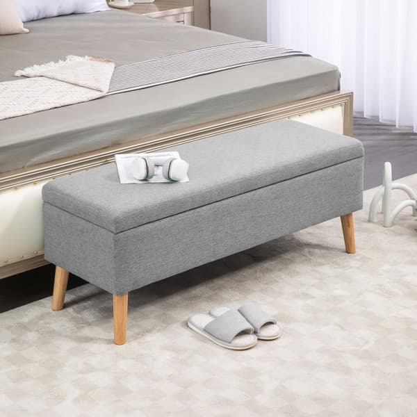 Bænk polstret bænk med opbevaringsplads sengebænk med linned look til entre soveværelse stue gummi træ grå 110 x 39 x 45 cm