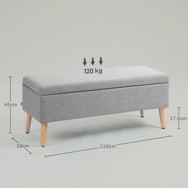 Bænk polstret bænk med opbevaringsplads sengebænk med linned look til entre soveværelse stue gummi træ grå 110 x 39 x 45 cm