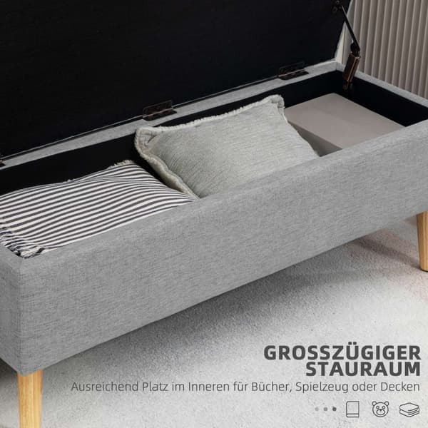 Bænk polstret bænk med opbevaringsplads sengebænk med linned look til entre soveværelse stue gummi træ grå 110 x 39 x 45 cm