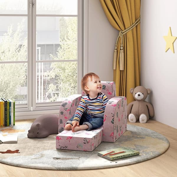 Børnelænestol, 2 i 1 sammenklappelig børnesofa med lænefunktion, flamingomønster, polstret børnestol, til 1,5-3 år