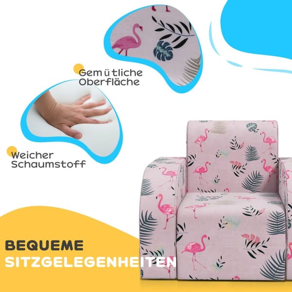 Børnelænestol, 2 i 1 sammenklappelig børnesofa med lænefunktion, flamingomønster, polstret børnestol, til 1,5-3 år