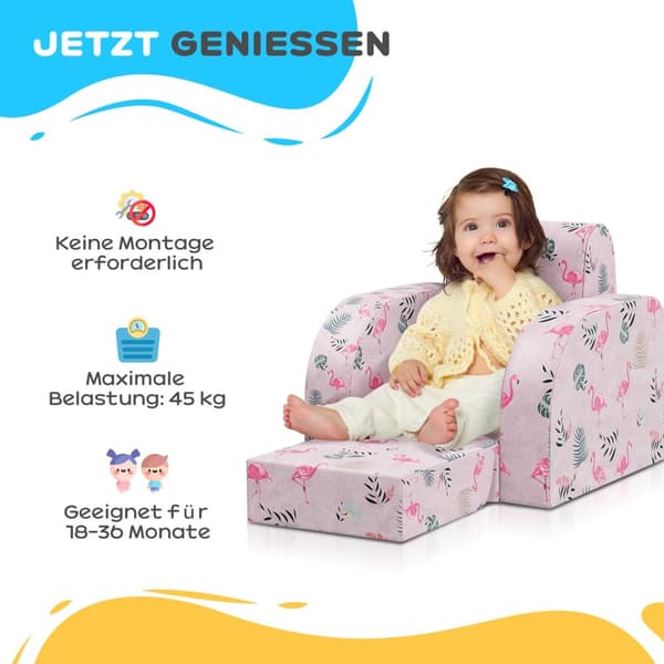 Børnelænestol, 2 i 1 sammenklappelig børnesofa med lænefunktion, flamingomønster, polstret børnestol, til 1,5-3 år