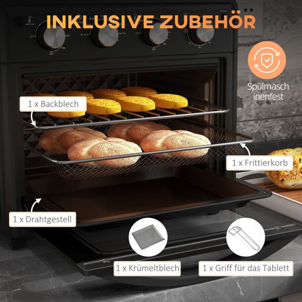 Miniovn med sirkulasjonsluft, 90°C-230°C, 30L, miniovn med stekebrett, grillrist, smulebrett, varmluftfrityrkoker med 7 moduser, stekekurv