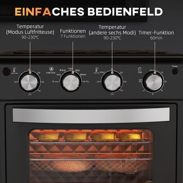 Miniovn med sirkulasjonsluft, 90°C-230°C, 30L, miniovn med stekebrett, grillrist, smulebrett, varmluftfrityrkoker med 7 moduser, stekekurv