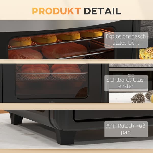 Miniovn med sirkulasjonsluft, 90°C-230°C, 30L, miniovn med stekebrett, grillrist, smulebrett, varmluftfrityrkoker med 7 moduser, stekekurv