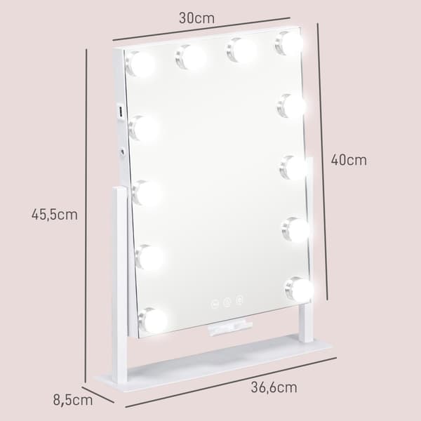 Hollywoodspegel med belysning, 12 LED, 37 x 46 cm, 3 ljusfärger, 10X förstoring, 360° vridbar, USB-laddningsport, vit