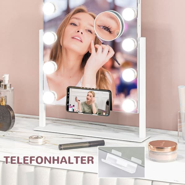 Hollywoodspegel med belysning, 12 LED, 37 x 46 cm, 3 ljusfärger, 10X förstoring, 360° vridbar, USB-laddningsport, vit