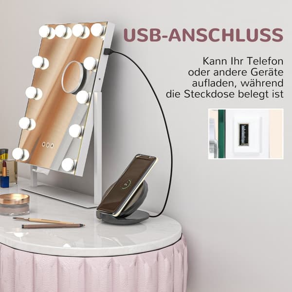 Hollywoodspegel med belysning, 12 LED, 37 x 46 cm, 3 ljusfärger, 10X förstoring, 360° vridbar, USB-laddningsport, vit