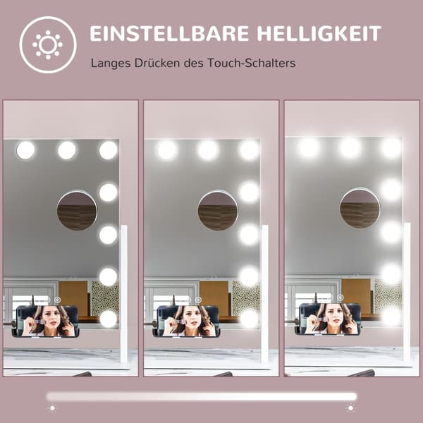 Hollywoodspegel med belysning, 12 LED, 37 x 46 cm, 3 ljusfärger, 10X förstoring, 360° vridbar, USB-laddningsport, vit