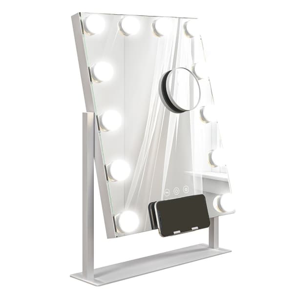 Hollywoodspegel med belysning, 12 LED, 37 x 46 cm, 3 ljusfärger, 10X förstoring, 360° vridbar, USB-laddningsport, vit