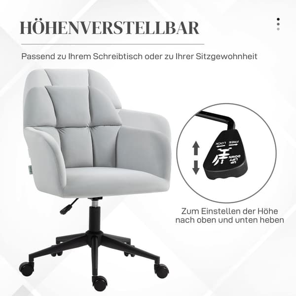 Olohuoneen pyörivä tuoli, korkeussäädettävä moderni työtuoli, käsinojallinen pöytätuoli, samettinen ilme, 120kg asti, vaaleanharmaa