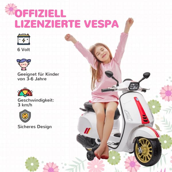 Elmotorcykel för barn, 6V barnmotorcykel med MP3, USB, FM-radio, LED-strålkastare, barnfordon med träningshjul, 3 km/h, för 3-6 år barn, vit