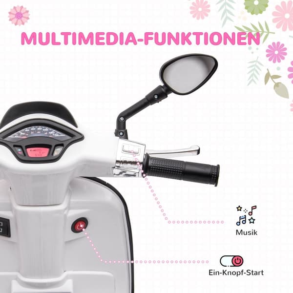 Elmotorcykel för barn, 6V barnmotorcykel med MP3, USB, FM-radio, LED-strålkastare, barnfordon med träningshjul, 3 km/h, för 3-6 år barn, vit