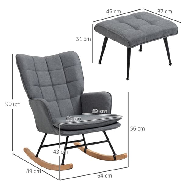 Gyngestol, op til 130 kg, gyngestol med skammel, lænestol, ammestol med linned look, gyngestol til soveværelse